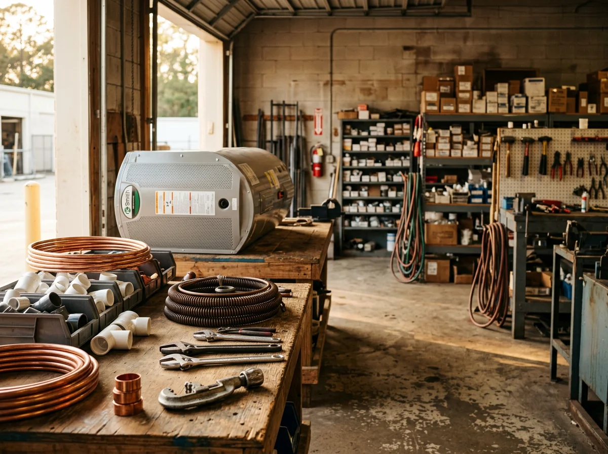 Plumbing tools and equipment arranged on a work surface, representing the trade services offered.