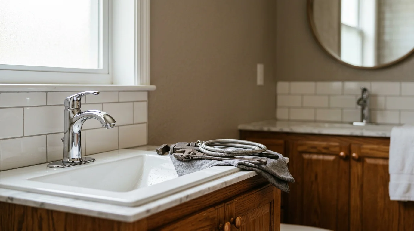 Plumber working on residential water pipes and fixtures