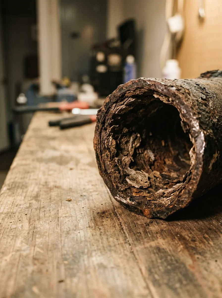 A section of corroded cast iron drain pipe removed from a 1970s Arlington Jacksonville home, showing heavy internal scaling and pitting.