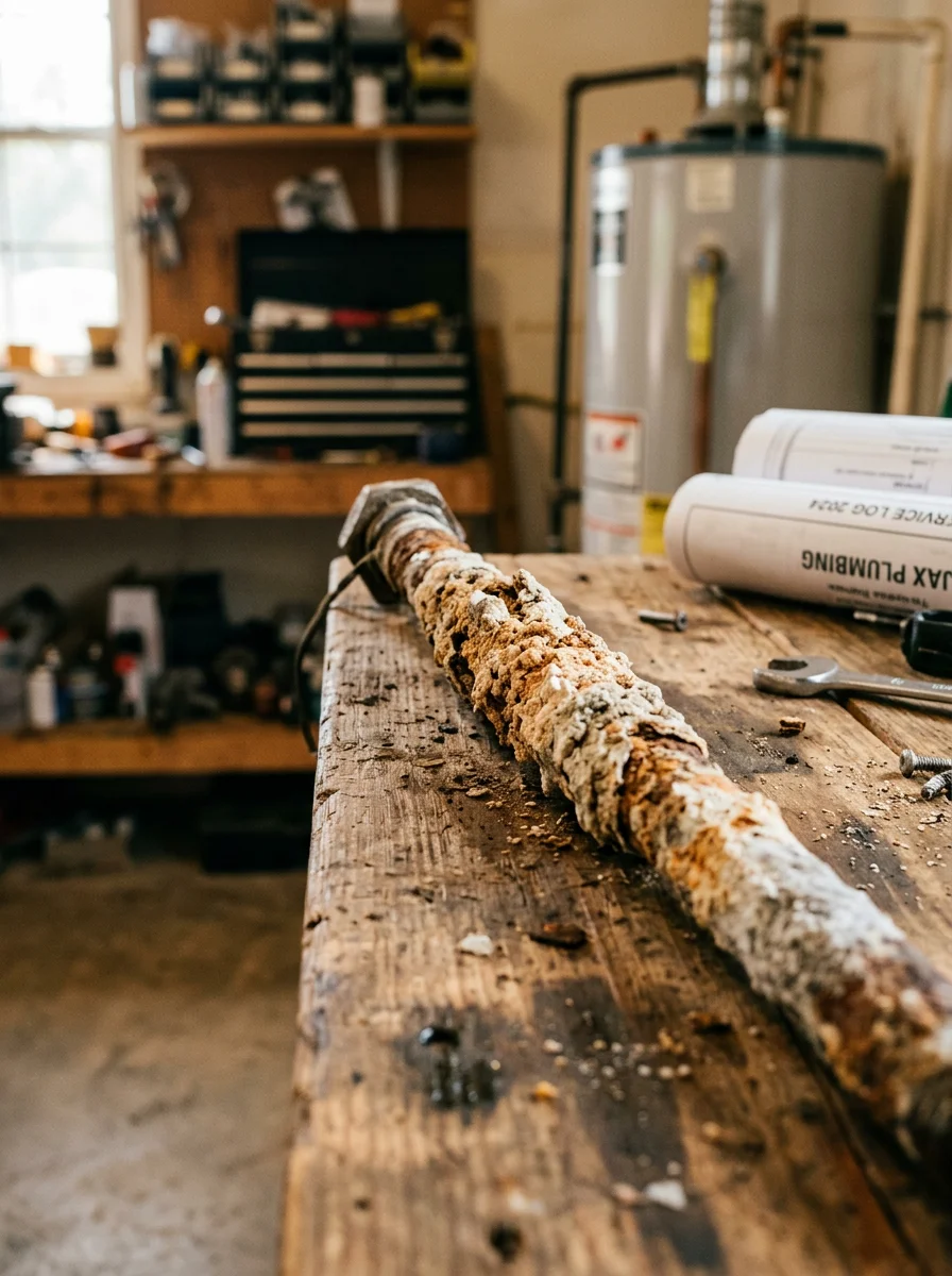 Close-up of a sediment-coated water heater anode rod removed during a Jacksonville FL water heater installation service call.