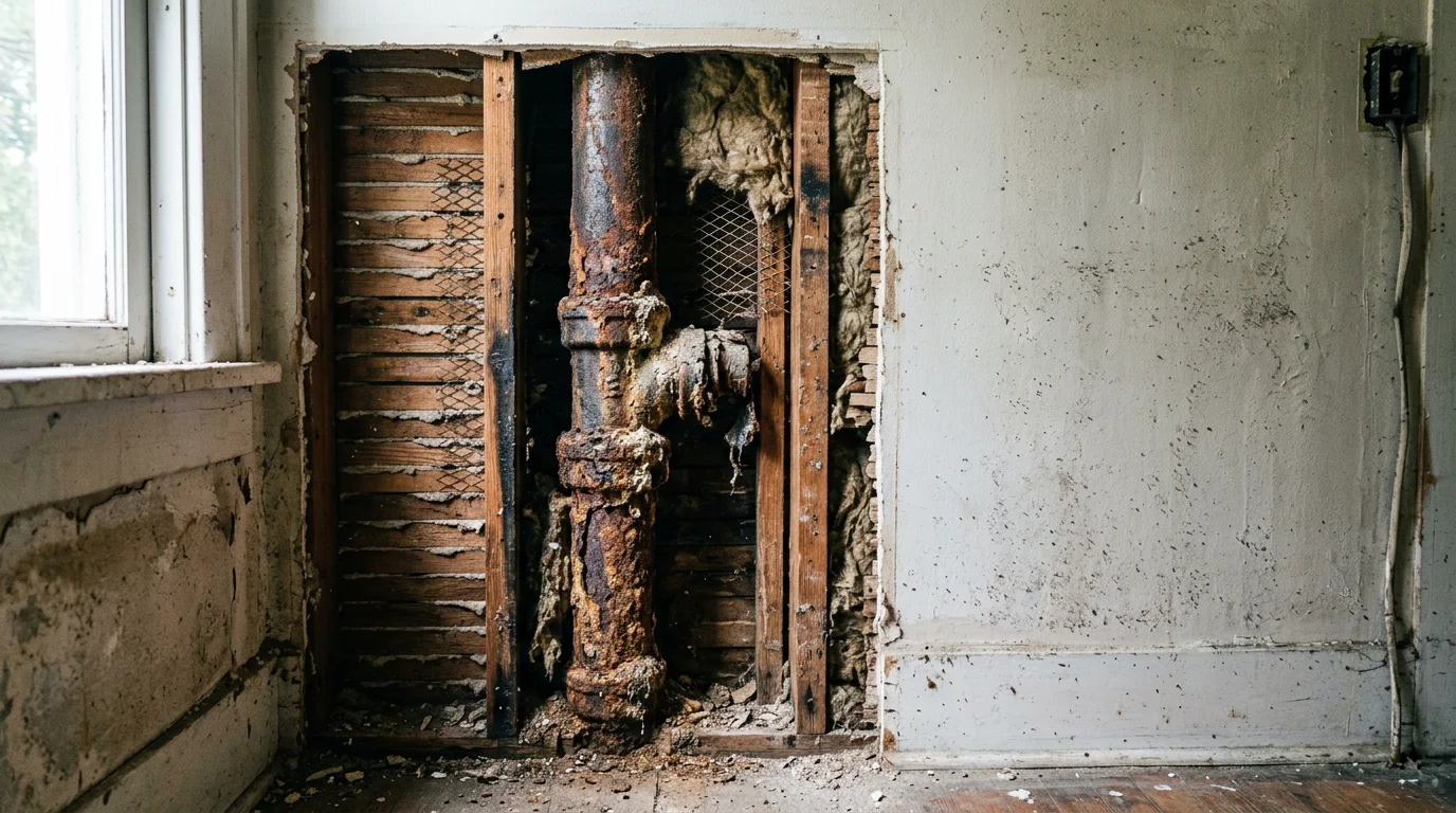 A plumber inspecting a corroded cast iron drain stack inside a pre-1960 Jacksonville home, with exposed pipe visible behind an open wall panel.