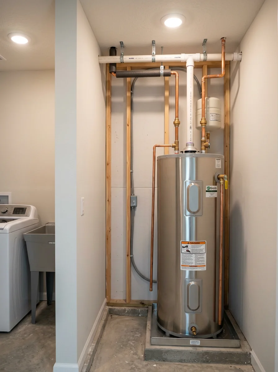 A new water heater being installed in a utility closet of a recently built Northside Jacksonville subdivision home with PVC plumbing connections.