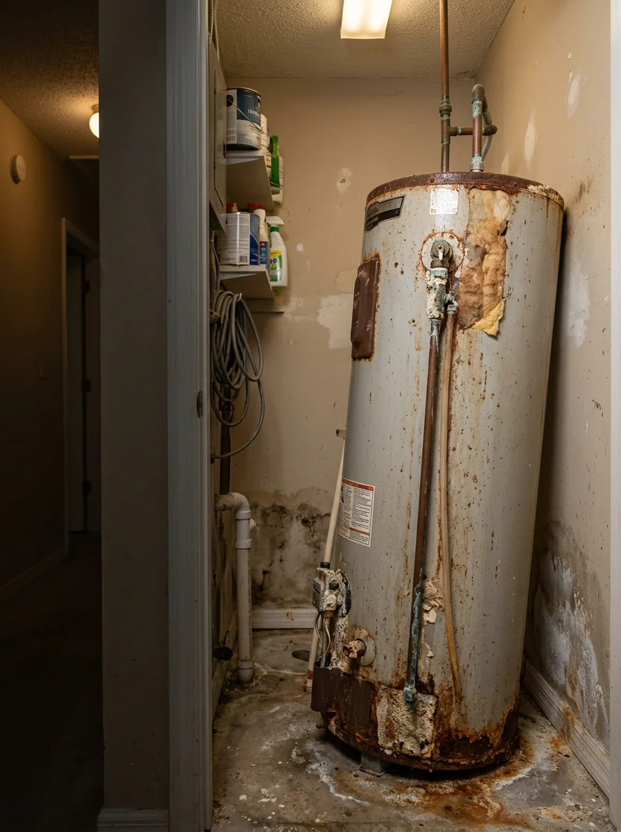 A corroded water heater being removed from a utility closet in an Orange Park FL home, with visible rust staining at the tank base and connections.