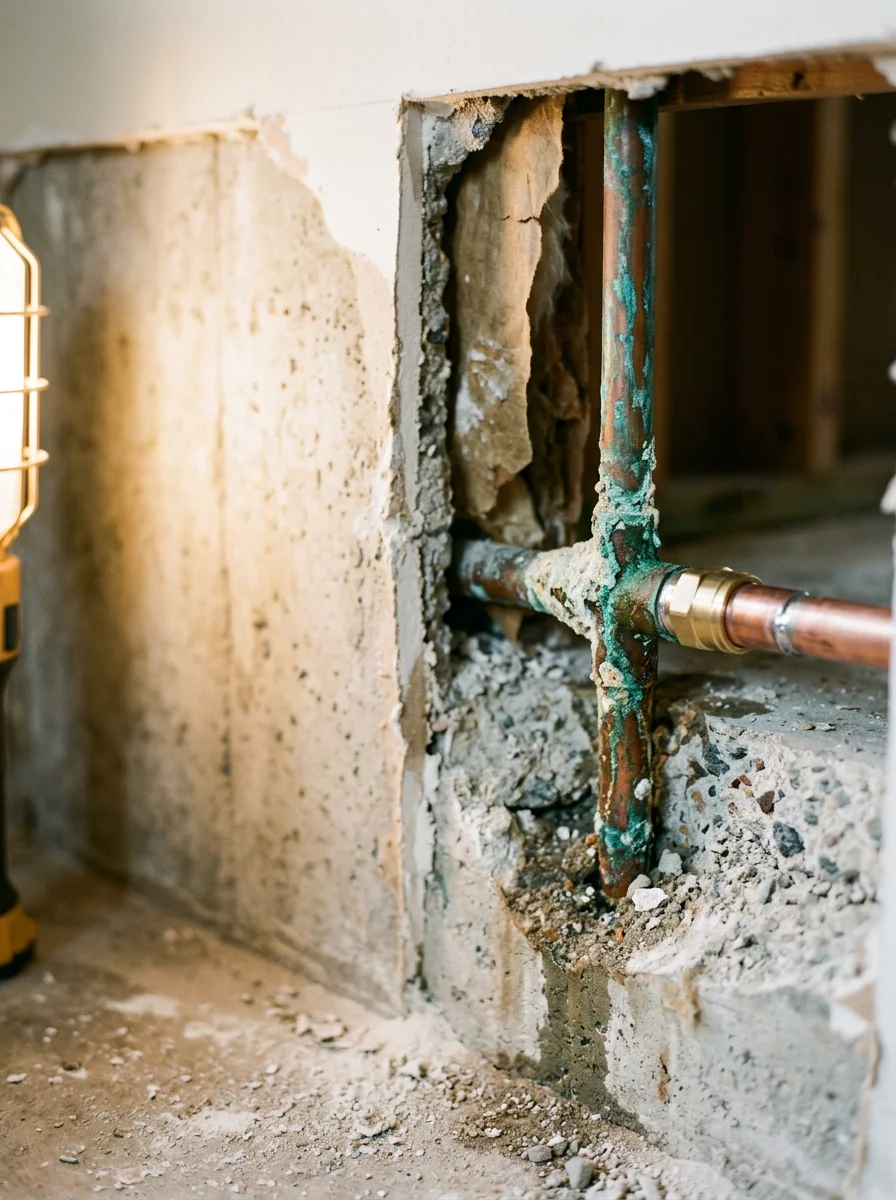 A corroded copper supply line exposed at a slab penetration point during a plumbing repair call in a 1970s Mandarin, Jacksonville ranch home.