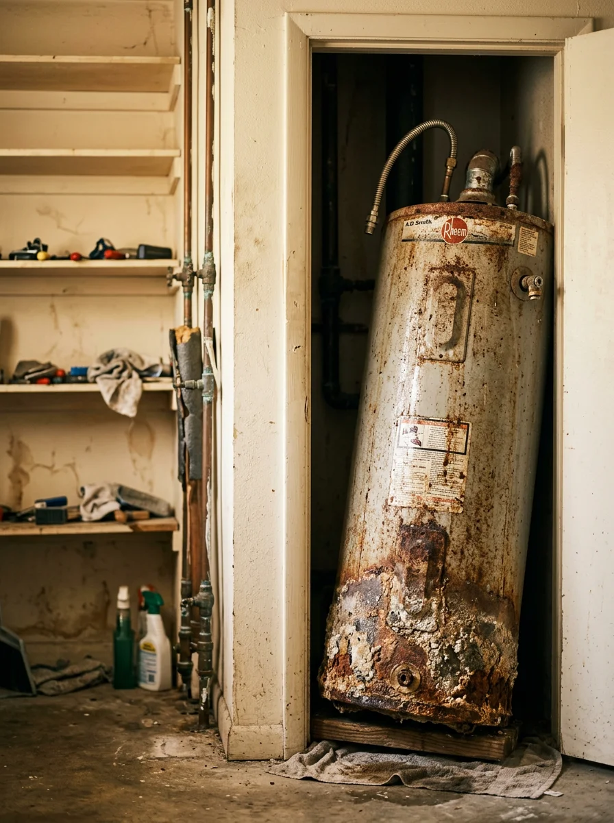 A water heater being removed from a tight utility closet in a Murray Hill Jacksonville home, showing heavy sediment buildup at the base of the tank.