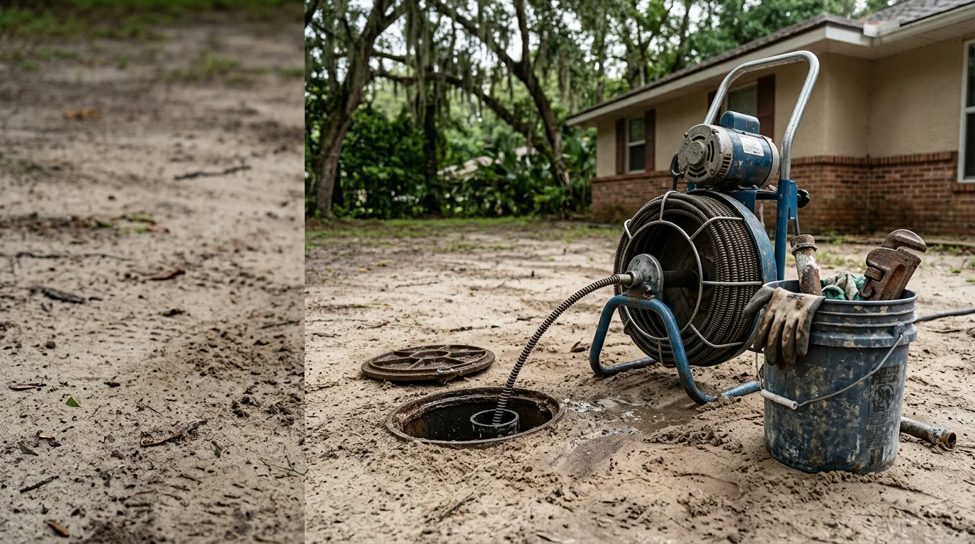 A plumber clearing a blocked main sewer line cleanout at a residential property in Jacksonville, FL. The drain line runs through sandy North Florida soil typical of homes in the Jacksonville and Orange Park area.