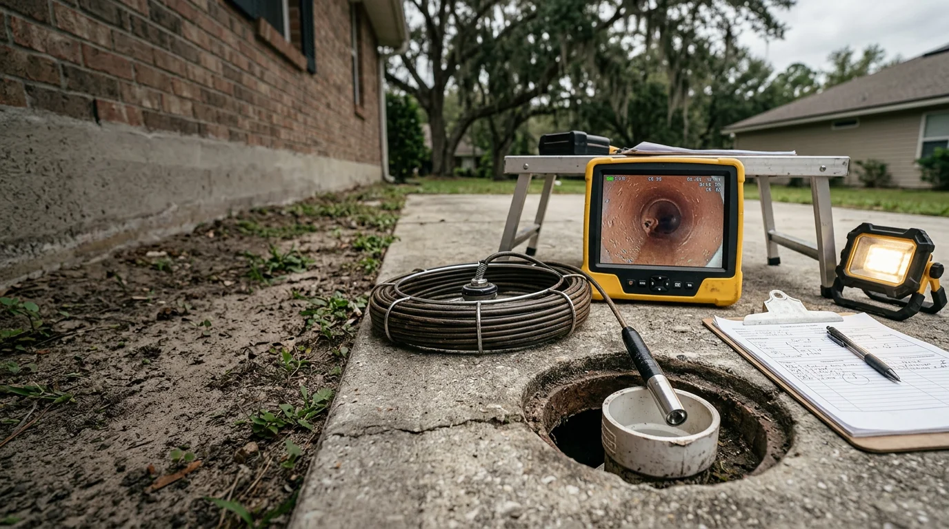 A plumber in Jacksonville, FL feeds a video camera cable into a residential drain cleanout during a sewer line inspection. The camera monitor shows the interior of a clay pipe with visible root intrusion and buildup along the pipe walls.