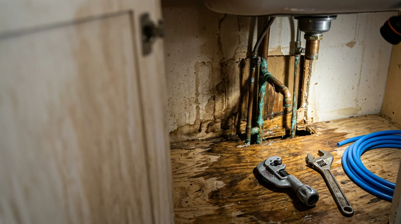 A plumber repairing a burst pipe beneath a residential sink in a Jacksonville, FL home, with water shutoff valve visible in the background. The repair is in progress on an exposed supply line showing signs of corrosion.