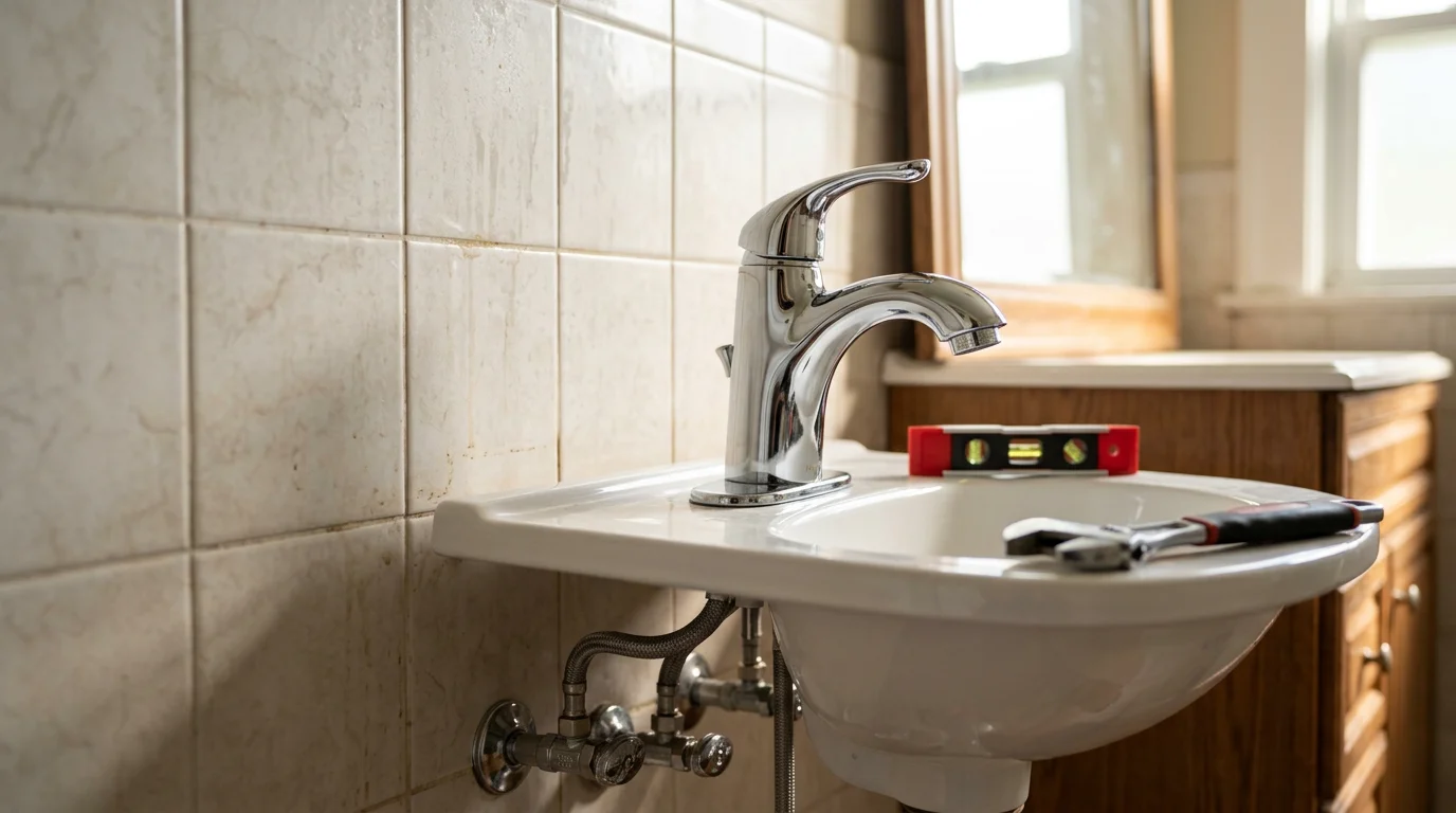 A plumber installing a new bathroom faucet on a residential sink in a Jacksonville, FL home. The work area shows clean supply line connections and a finished chrome fixture seated flush against the countertop.