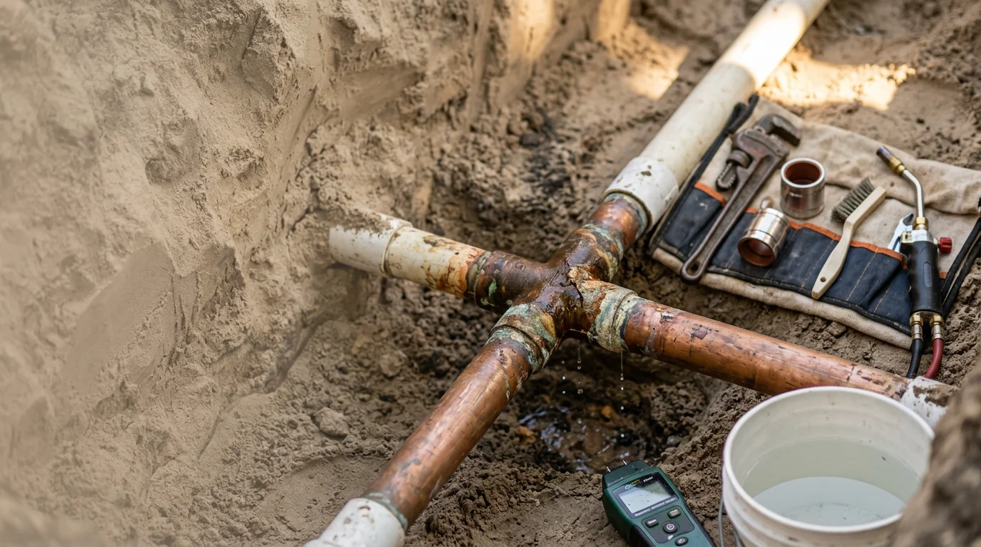 A plumber repairing a cracked residential supply pipe beneath a Jacksonville, FL home. The repaired pipe section is visible against a concrete slab foundation in a typical North Florida residential setting.