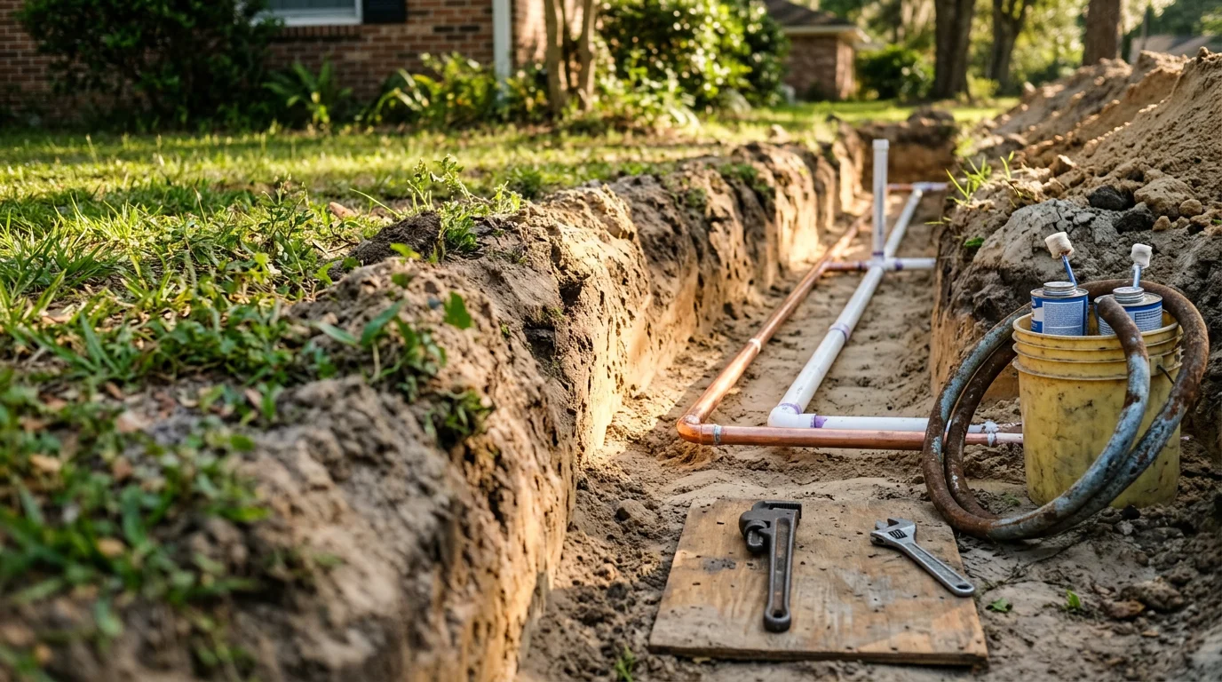 A plumber replacing corroded cast iron drain pipes beneath a Jacksonville, FL home during a pipe replacement service. New pipe sections are laid out alongside deteriorated original piping removed from the crawlspace.