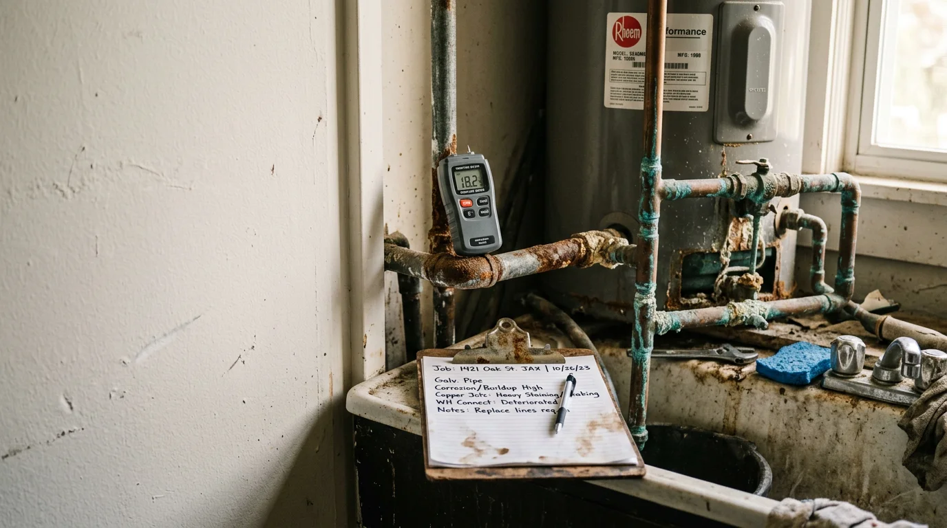 A plumber inspecting visible supply lines and shut-off valves beneath a bathroom sink in a Jacksonville home. The image shows hands-on evaluation of pipe connections and fixture condition during a residential plumbing inspection.