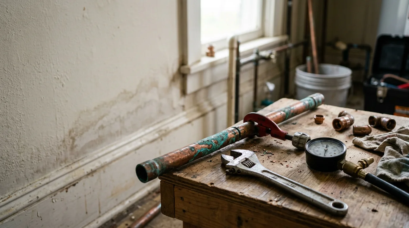 A plumber inspecting a corroded supply line connection beneath a kitchen sink in a Jacksonville, FL home. The repair addresses a visible leak at the pipe joint before water damage spreads to the cabinet floor.