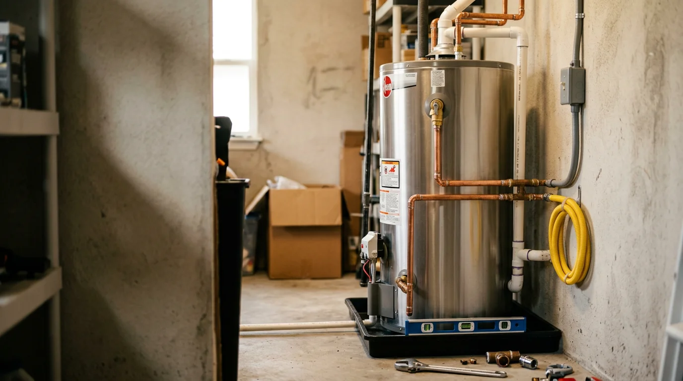 A newly installed tank water heater connected to copper supply lines and a pressure relief valve in a Jacksonville, FL home utility room. The unit sits on a drain pan with properly routed hot and cold water connections.
