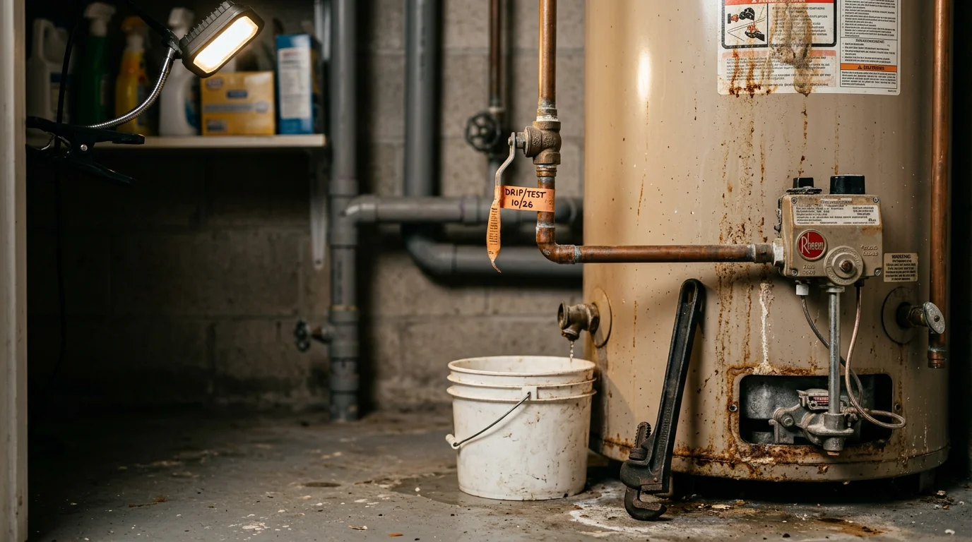 A plumber inspecting a tank water heater in a Jacksonville home garage, checking connections and the pressure relief valve. The unit shows mineral deposits typical of hard water conditions common across Jacksonville and Orange Park.